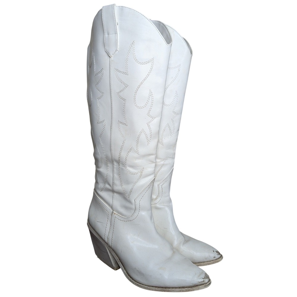 Madden Girl Size 10 White Knee High Cowboy Western Boots Pull On GoGo
